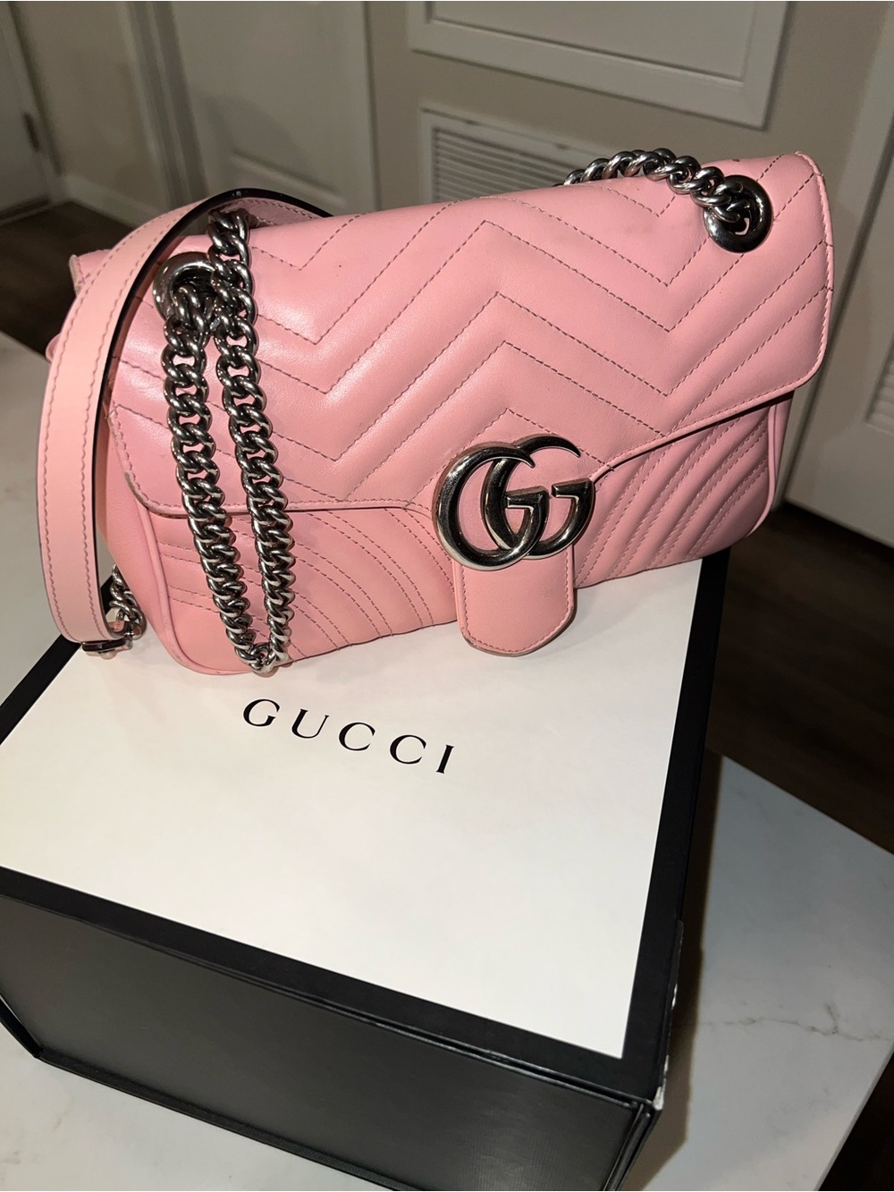 Authentic Gucci Pink Matelassé GG Shoulder Bag with Silver Hardware Medium